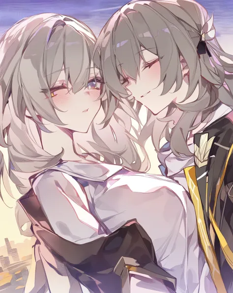 masterpiece,best quality,2girls, multiple girls, cocoballking, outdoors, upper body, grey hair, long hair, shirt, absurdres, closed eyes, commentary, firefly (honkai: star rail), grey eyes, head tilt, highres, honkai: star rail, honkai (series), stelle (ho...
