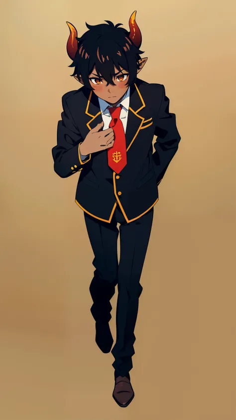 (1boy,18 years old,solo),((dark skin)),short hair,hair between eyes,black hair,elf ears,(horns),orange eyes,(no background, simple background),red necktie,black jacket, blazer,long sleeves,pant,walking,(from above),shy,blush