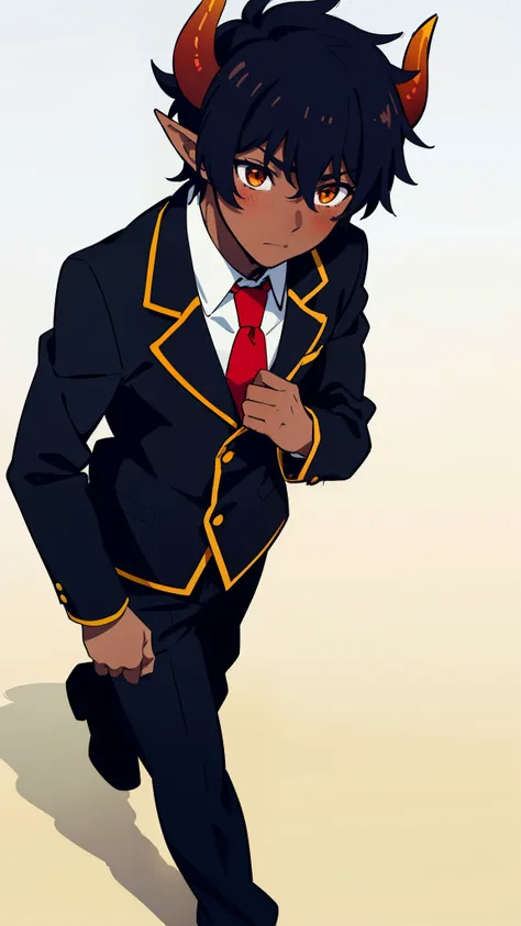 (1boy,18 years old,solo),((dark skin)),short hair,hair between eyes,black hair,elf ears,(horns),orange eyes,(no background, simple background),red necktie,black jacket, blazer,long sleeves,pant,walking,(from above),shy,blush