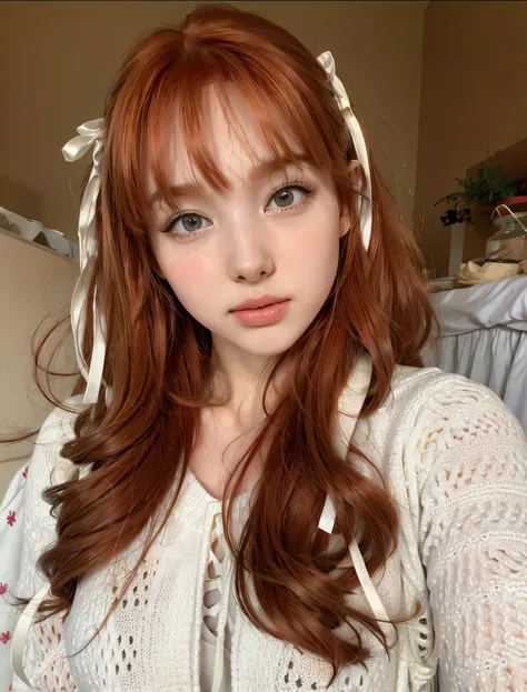 Best Quality, master part, ultra high resolution, (photorealistic:1.4), raw photo, 1 girl, Inside the cafeteria, looking at the viewer, long red hair, pale skin, Half body, neckline, red hair
