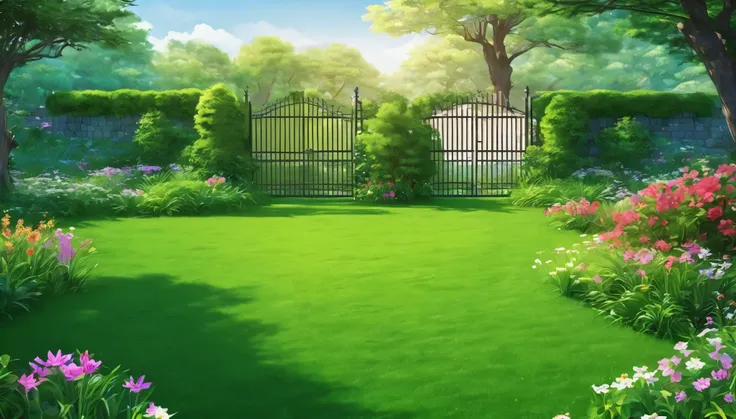 there is a green grass with a gate and flowers in the middle, 背景のLush庭園, with a lush grass grass, lush grass, Garden scenery, Beautiful garden on background, Garden environment, Lush庭園, Idyllic backyard atmosphere, Parks and Gardens, garden with flowers, L...