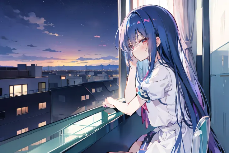 Anime Girl sitting on window sill drinking coffee and looking out the window, (Anime Girl), Anime cute art style, seductive Anime Girl, Beautiful anime high school, Cute girl anime visual, Night Core, Best Girl in Anime, young Anime Girl,dark blue long hai...