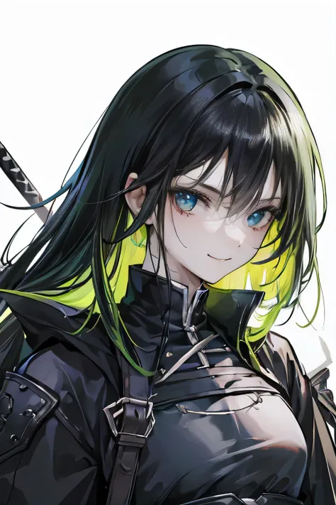 Rogue, hansome, earing, blackhairhighlightgreen hair, use knife,  21 yearold, fantasy, green eye, dark blackground , villianface, kind, legend, fashionlonghair,samuraihair, japanstyle,fighting