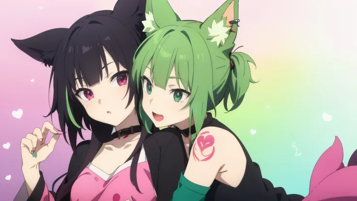 2 girls, neon green hair, moonlight eyes, fox ear, tattoo sleeves and piercings ((Anime style)), Harajuku-inspired hip-hop clothing, soft colors, neon paint splattered background, Soft strokeRin and Aoi hug the kitten and say "Thanks, Jack!" They know that...