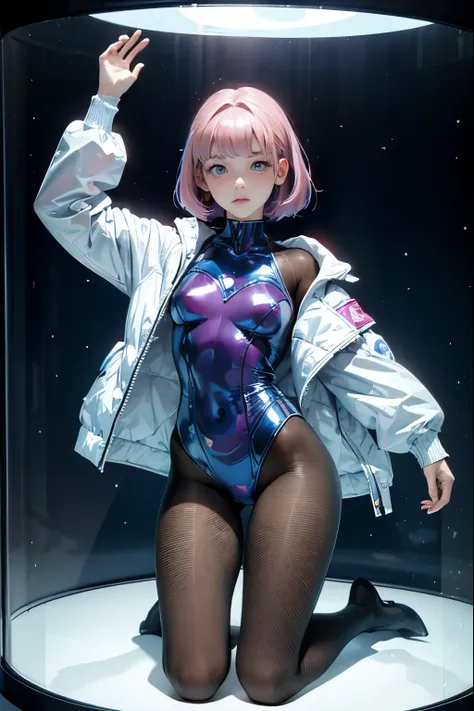 (highest quality:1.2) A girl is kneeling as living mannequin, posed to ask help, 16 years old gymnast being exhibited in a glass case, at the museum, wearing long-sleeved shiny leotard, wearing blue pantyhose, anatomical perfect hands, short-cut pink hair,...