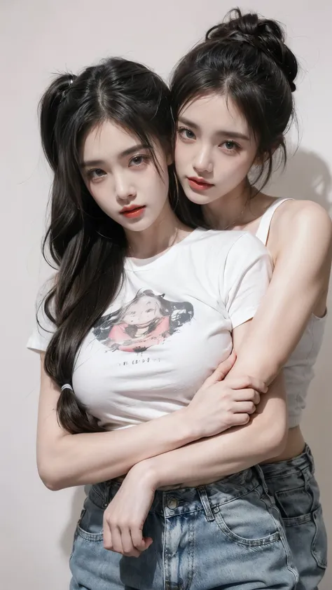 Create a realistic portrait of 2 girls, twin girl with long, dark hair tied in ponytails, both wearing casual white t-shirts with graphic prints and ripped jeans. natural big breast, plumpy, perfect body, (hug each other), giving a sense of companionship a...