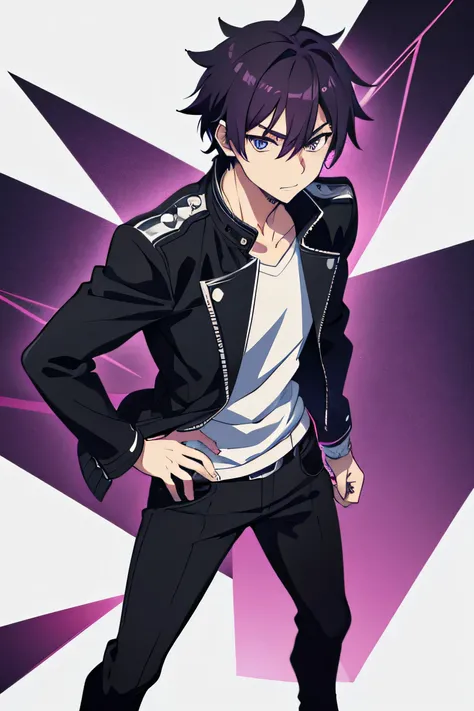 one man,black biker jacket,purple hair, short hair, spiky hair,black eye,full body shot,stubble,15 years old,look at viewer,standing,white shirt,hand on hip,from front,white background,Anime handsome guy, Gap Moe Yandere Grimdark, Handsome men from Demon S...