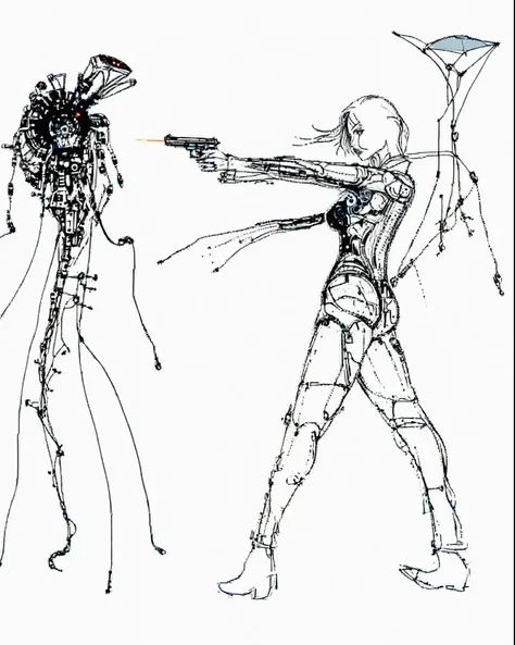 sketches of a man and woman with a gun in their hands, complex cybernetic beings, cyborg and wire details, she half human and half robot, mermaid cyborg with a laser whip, cypherpunk fashion illustration, half robot and half woman, aeon flux style, concept...