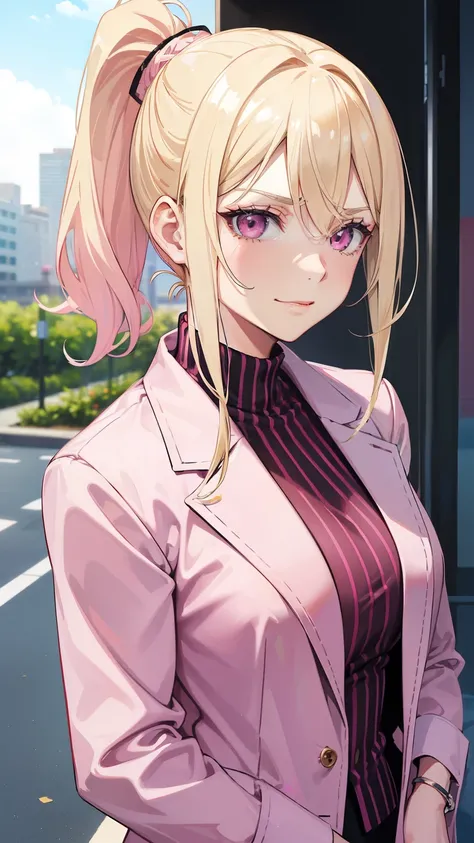 (((Adult woman))), (ponytail blonde hair), (Pink eyes), pink suit, smirk, morning city