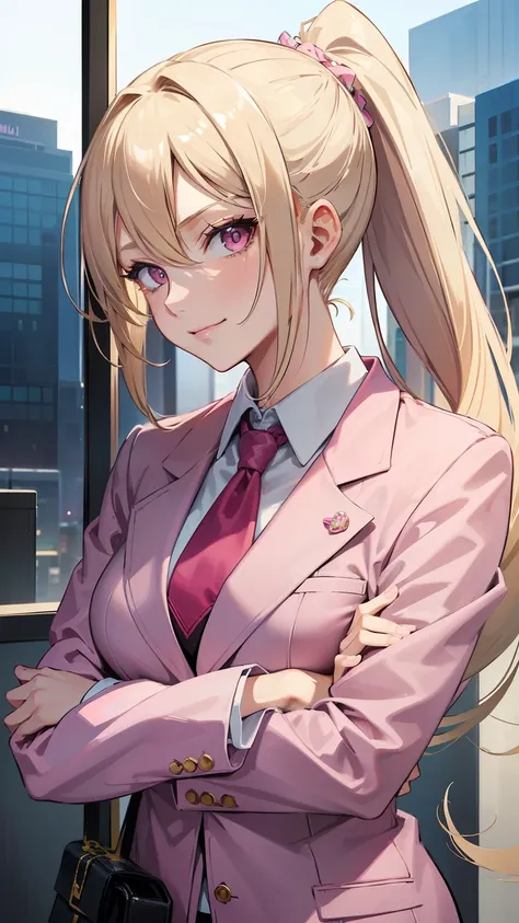 (((Adult woman))), (ponytail blonde hair), (Pink eyes), suit, smirk, morning city