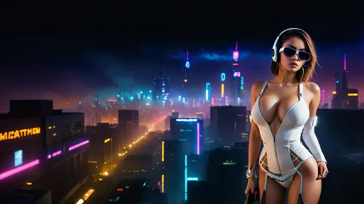 dark futuristic landscape, at night, neon lights, Atmospheric fog, large buildings in the background, futuristic city, streets with open shops, skyscraper (postapocalyptic city:1.3). (((1girl, solo, alone))), large-breast:1.2 slim body, cleavage:1.1, sexy ...