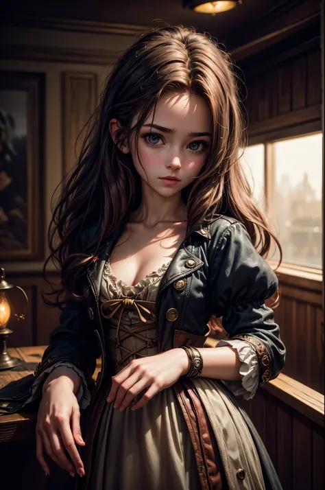 (photography of a 20 year old Aerith Gainsborough), (no close-up), highly detailed face, (smile:0.7) (background inside dark, moody, private study:1.3), steampunk pirates airship, nikon d850, film stock photography, for kodak portra 400 ,camera f1.6 lens, ...