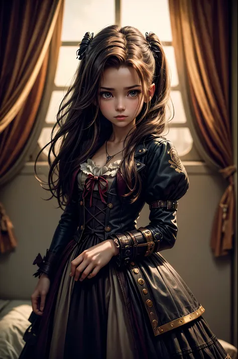 (photography of a 20 year old Aerith Gainsborough), (no close-up), highly detailed face, (smile:0.7) (background inside dark, moody, private:1.3), steampunk pirates airship, nikon d850, shot for kodak portra 400 ,camera f1.6 lens, bokeh, analog style, rich...