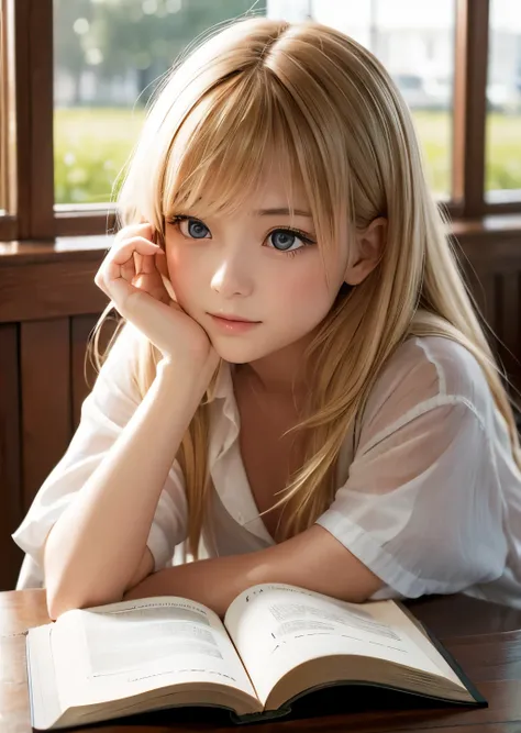 (best quality, masterpiece, high resolution:1.1),hyper detail,high detailed slanted eyes, natural light, natural shadow, ,origin, 1girl, blonde long hair, "The girl resting her chin on her hand and reading a book at the table looked completely absorbed."