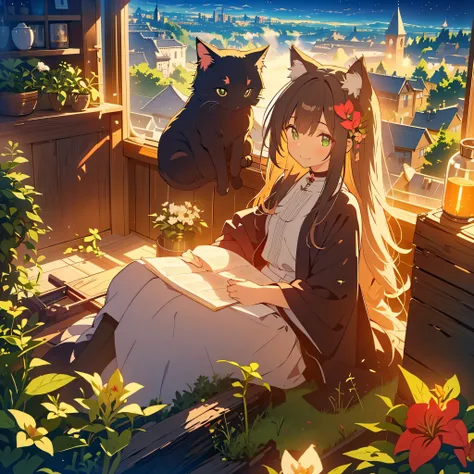 kawaii, anime, Cute, hyper quality, highly detailed, 8k, Front facing, Clarity, brown long hair, green eyes, smile, whole body, Cat ear, amaryllis, Amaryllis grows in clumps, top of the hill, A black cat near the girl, Cat ears stick out from the witchs ha...