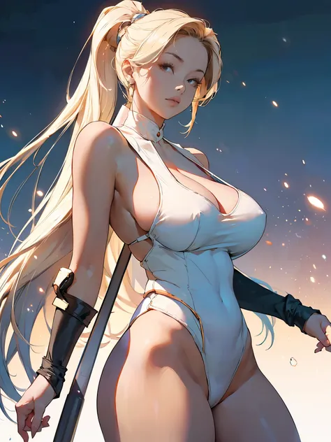 1girl, very very long hair, detailed hair, high ponytail, (white sleeveless leotard:1.2), high open funnel storm collar, side cutout, cleavage, (sideboob:1.2), detailed face, (looking at viewer:1.2), thigh, light particles, best quality, (masterpiece:1.2),...