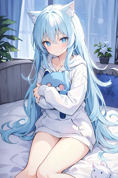 Cute anime girl, long hair, cute ,light blue hair, cat ears, blue eyes, white large hoodie, bare thighs, bare legs, laying down in bed, hugging a white fluffy teddy, worried face, crossed thighs