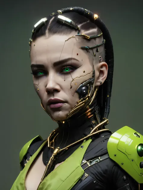 1girl, solo, looking_at_viewer, simple_background, green_eyes, makeup, portrait, science_fiction, realistic, android, cable, cyb...