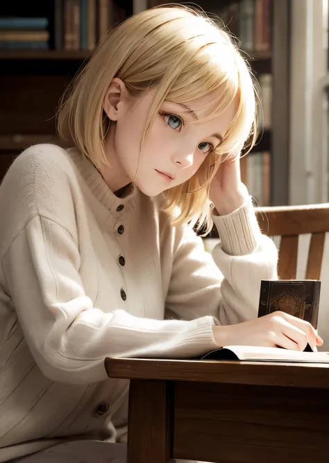 (best quality, masterpiece, high resolution:1.1),hyper detail,high detailed eyes, natural light, natural shadow, 1girl, blonde bob hair, "The girl resting her chin on her hand and reading a book at the table looked completely absorbed.","cozy moment in the...