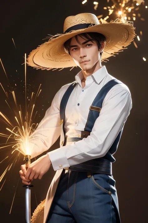 Now he creates a baron character with a straw hat who becomes a man and with a sword making sparks.