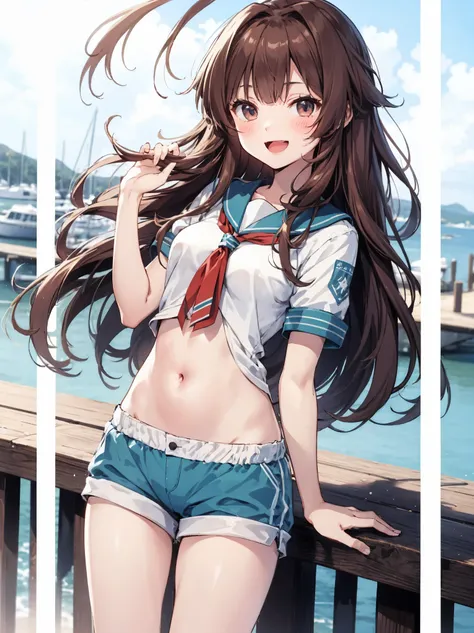 1young_teen_ girl, brown_hair, long_hair, sailor_uniform,white_ baggy_shorts, short_sleeve, thighs, small_breasts, big_smile, open_mouth, standing, harbor_background, slightly_spread_legs, happiness, covered_crotch,ahoge,XD,exciting,dynamic_posing,solo,(n...