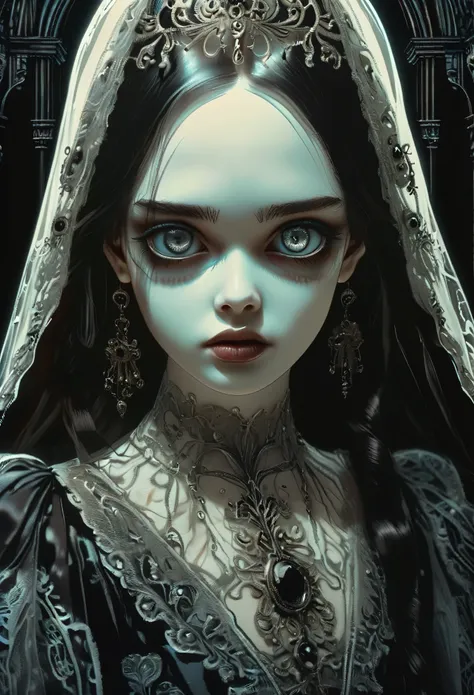 (((Gothic world))),
(beautiful girl), ((the girls pupils are the same color and size, round pupils, the girls pupils are directed in one direction)), ((((clearly drawn eyes )))), ((the girls skin radiates a faint white glow)) (((the girl is shrouded in sha...