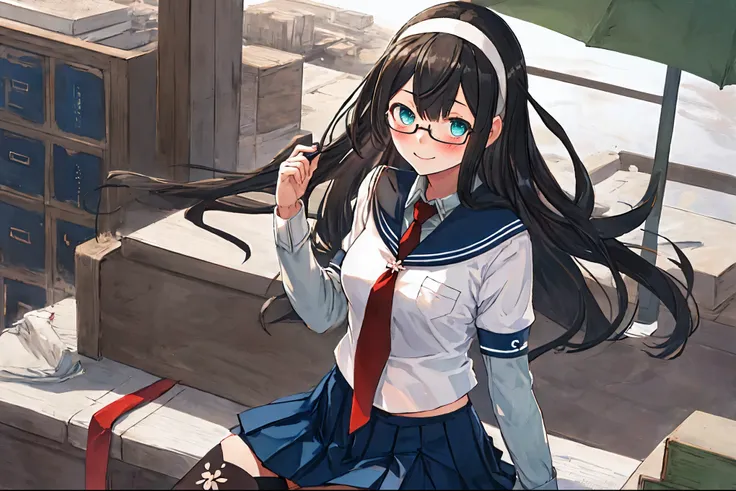 best quality, masterpiece, highres, solo, {ooyodo_kantaicollection:1.15}, black_hair, long_hair, glasses, hairband, semi-rimless_eyewear, under-rim_eyewear, blue_eyes, green_eyes, blush,small_breasts, 1girl, school_uniform, serafuku, pleats_skirt, looking_...