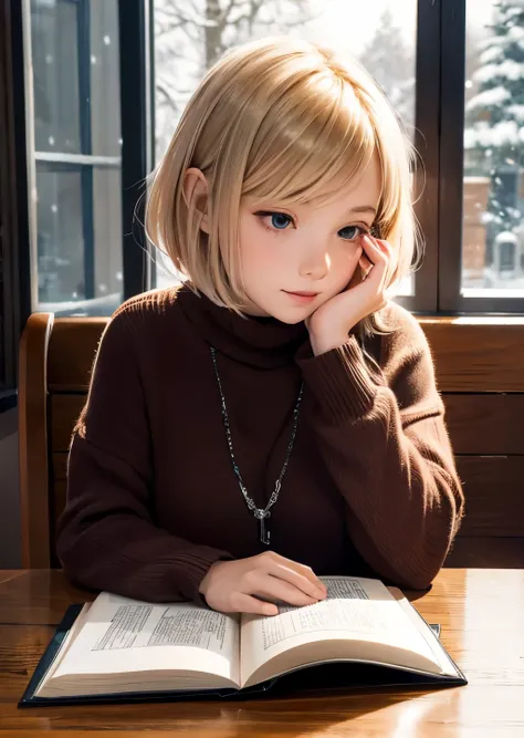 (best quality, masterpiece, high resolution:1.1),hyper detail,high detailed eyes, natural light, natural shadow, 1girl, blonde bob hair, "The girl resting her chin on her hand and reading a book at the table looked completely absorbed.","cozy moment in the...