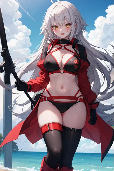 masterpiece, best quality, 1girl, , silver hair, ahoge, gold_eyes, shaggy_long_hair,,large_tits, , blue sky_landscape,,covered_groin,covered_nipples,solo,young_teen,,open_legs,knee_boots,crotch_armor,cowboy_shot,crotch, asymmetrical legwear, long hair, bik...