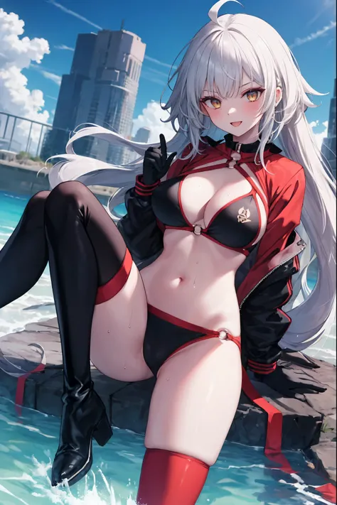 masterpiece, best quality, 1girl, , silver hair, ahoge, gold_eyes, shaggy_long_hair,,large_tits, , blue sky_landscape,,covered_groin,covered_nipples,solo,young_teen,,open_legs,knee_boots,crotch_armor,cowboy_shot,crotch, asymmetrical legwear, long hair, bik...