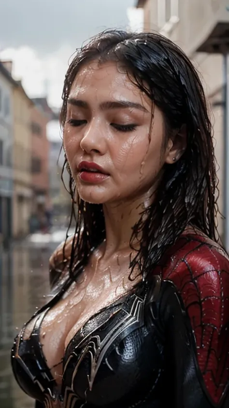 ((18 years old beautiful korean girl)), (wearing spiderwoman suits : 1.4), ((in a medieval city)), (night time), (((perfect size breasts, cleavage))), (hourglass figure), natural lips, photorealistic, masterpiece, realistic, realism, photorealism, high con...