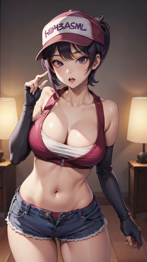 (Komi Shuuko), (masterpiece), best quality, expressive eyes, perfect face, highres, (8k), (perfect face), (ultra details), 1 girl, solo, terry bogard girl, large breasts, purple hair, short hair, purple eyes, ((baseball cap)), fingerless gloves, denim shor...