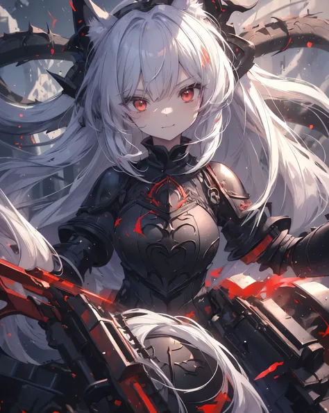 masterpiece, 1catgirl, cat ears, ((White long hair)) , Red eyes, intricate ((Black armour)) , she is a dragon slayer. She won the fight. Damaged ((black and Red shirt)) over the armour. Portrait. Medium breast. Super detailed. Perfect anime Red eyes. Evil ...