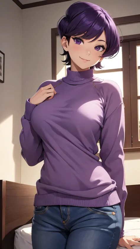 (komishuuko), beautiful, masterpiece, best quality, extremely detailed face, perfect lighting, purple hair, short hair, purple eyes, smile, indoors, bedroom, window, beautiful backdrop, long sleeve sweater, denim pants, (large breasts:1.2), sunny, looking ...