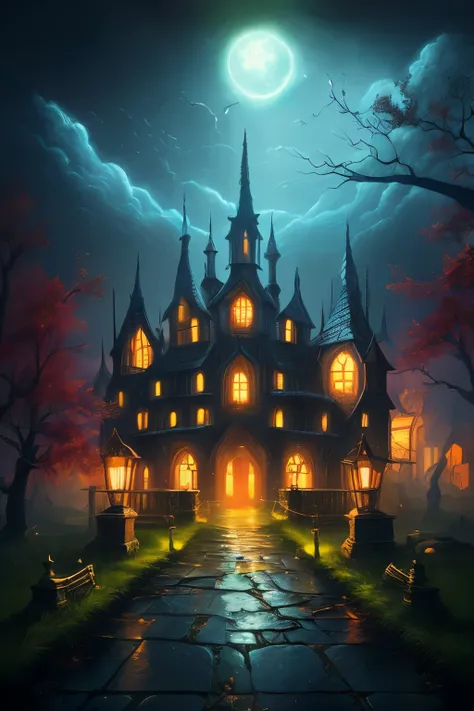 ((best quality)), ((masterpiece)), (detailed), A digital illustration of a dark haunted area with shimmering, magical boundaries around it