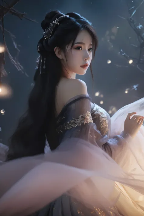 Ultra HD, 8K, Extremely detailed, Photos of Dark Fantasy Art, Girl in tulle skirt,making eye contact, dark, Moody, dark fantasy style, Beautiful Lights, great composition