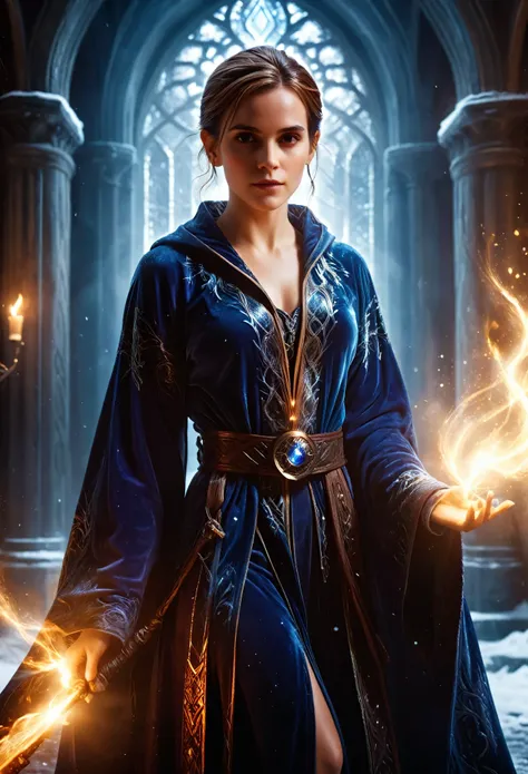 A handsome woman wearing a mages robe, (detailed portrait of Emma Watson as an Icemancer:0.5), fantasy art by Seb McKinnon, intricate magical details, trending on ArtStation, magical environment, cinematic lighting, rich saturated colors, dramatic pose