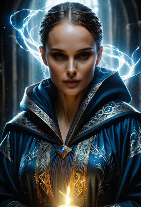 A handsome woman wearing a mages robe, (detailed portrait of Natalie Portman as an Icemancer:0.6), fantasy art by Seb McKinnon, intricate magical details, trending on ArtStation, magical environment, cinematic lighting, rich saturated colors, dramatic pose