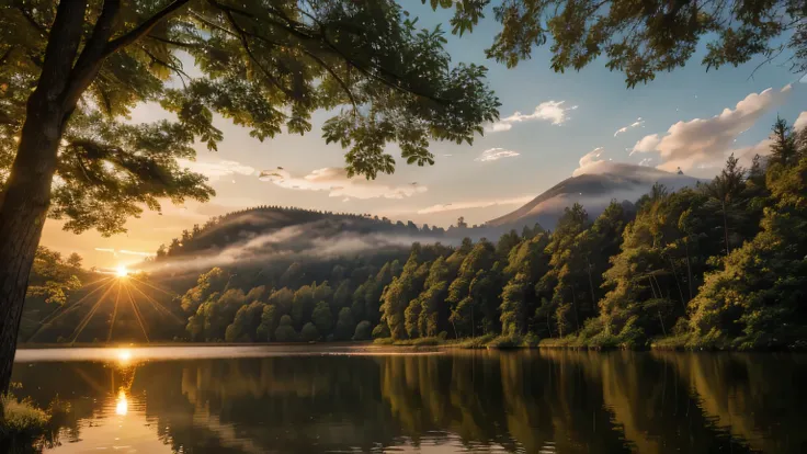 a beautiful and calm forest at sunset, a serene landscape with lush greenery, golden sunlight filtering through the trees, a tra...