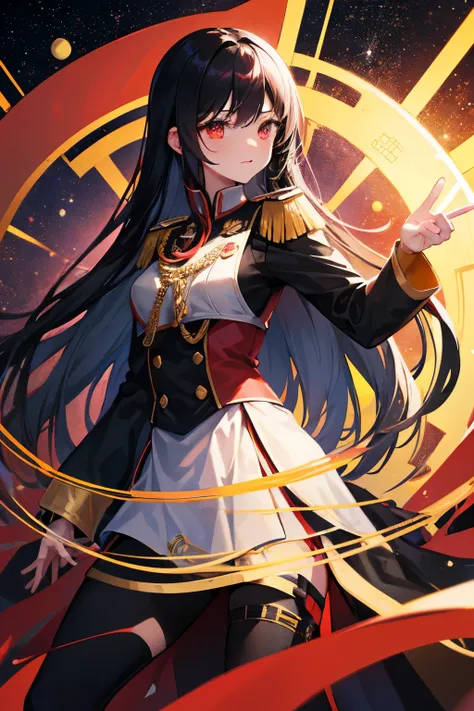 high quality，Black Hair，Long hair，Red pupil，Black, red and gold officer uniform，german officer uniform，Space，Science Fiction，背景是Space战舰，Stretch your right arm forward with your fingers together