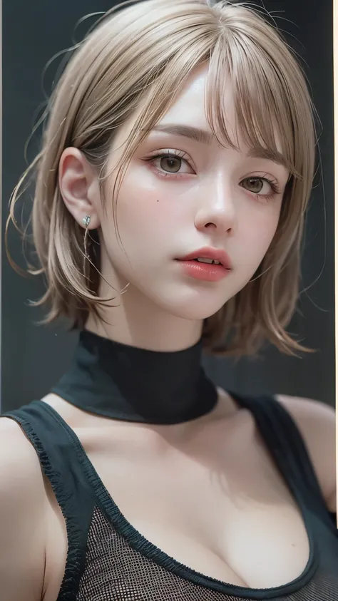 Masterpiece hyperrealist & Photorealistic beautiful girl, Realistic Skin (Pore-filled skin) Short Bob Cut Hair, Realistic red lips,Punk Girl, (head shot:1.5),Shorts