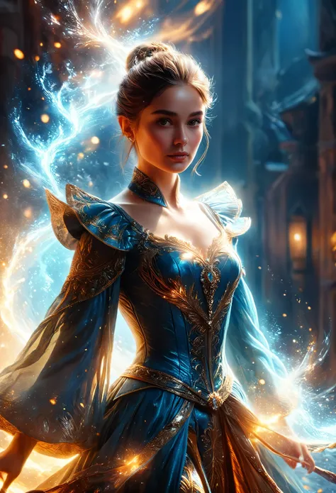 A handsome woman wearing a mages robe, (detailed portrait of Audrey Hepburn as an Icemancer:0.7), fantasy art by Seb McKinnon, intricate magical details, trending on ArtStation, magical environment, cinematic lighting, rich saturated colors, dramatic pose