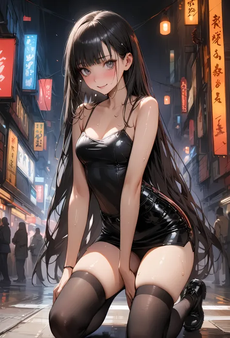 ((masterpiece,Highest quality:1.3,best quality illustration)),realistic,cowboy shot,solo,1woman,(18 year old beauty),black hair,long hair,bangs,black eyes,gorgeous big eyes,((very small head:1.3)),shy,smile,((very long body:1.2,skinny)),medium breasts,(Pun...