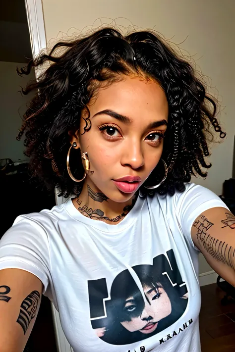 hyper realistic ultra detailed photograph, woman, Black curly hair, afro-descendant woman, long wild hair, cute, fully clothed, shirt, tattoos, piercings, tattoo on face, face piercings, sticking out tongue, selfie