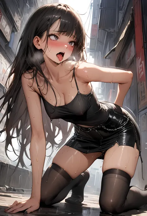 ((masterpiece,Highest quality:1.3,best quality illustration)),realistic,cowboy shot,solo,1woman,(18 year old beauty),black hair,long hair,bangs,black eyes,gorgeous big eyes,((very small head:1.3)),shy,tongue,((very long body:1.2,skinny)),medium breasts,(Pu...