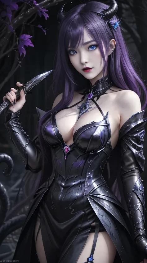 強力なスーパーevil女がクローズアップでポーズをとる, Black Goddess (Exposing shoulders), length, Flowing purple hair, View your audience, Highly detailed face, Perfect hands, Blue smoke swirling around her, evil事を愛する, Captivating blue eyes, Dark fantasy, Genuine, Symmetric, Atten...