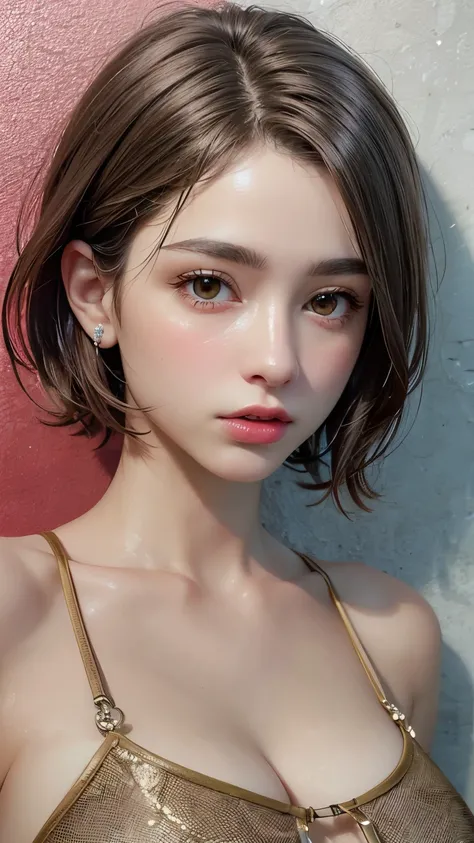 Masterpiece hyperrealist & Photorealistic beautiful girl, Realistic Skin (Pore-filled skin) Short Bob Cut Hair, Realistic red lips,Punk Girl, (head shot:1.5),Shorts