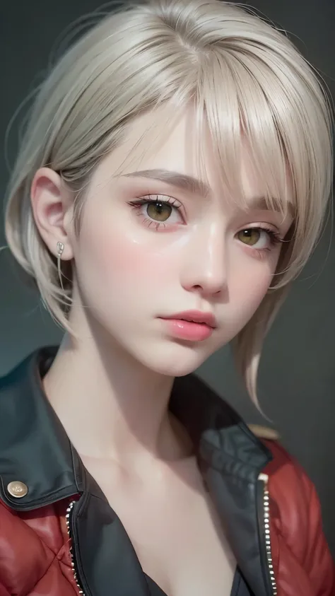 Masterpiece hyperrealist & Photorealistic beautiful girl, Realistic Skin (Pore-filled skin) Short Bob Cut Hair, Realistic red lips,Punk Girl, (head shot:1.5),Shorts