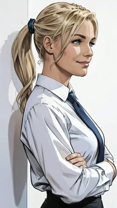 woman looks at viewer, style marvel comics, full side view, smile, detailed eyes, arms crossed over her chest, Hair in a ponytail, blonde hair, white shirt with long sleeves, dark blue tie, gray pants. White background