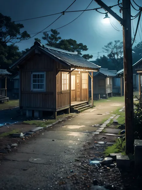 An old building with toilets in a seaside park、Wooded、Dark and mysterious atmosphere at night、